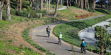 Family biking on trail 